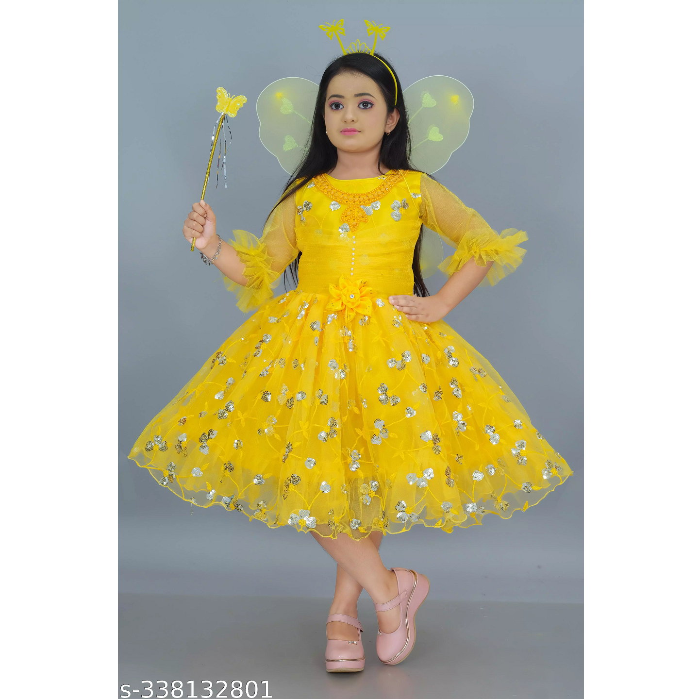 Yellow Embellished Net Girl Frock