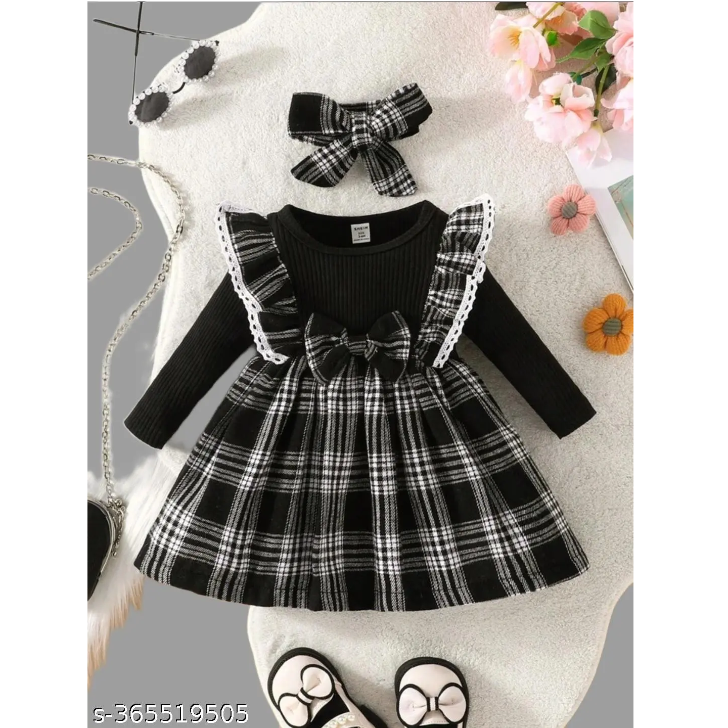 Black Checked Crepe Baby Dress