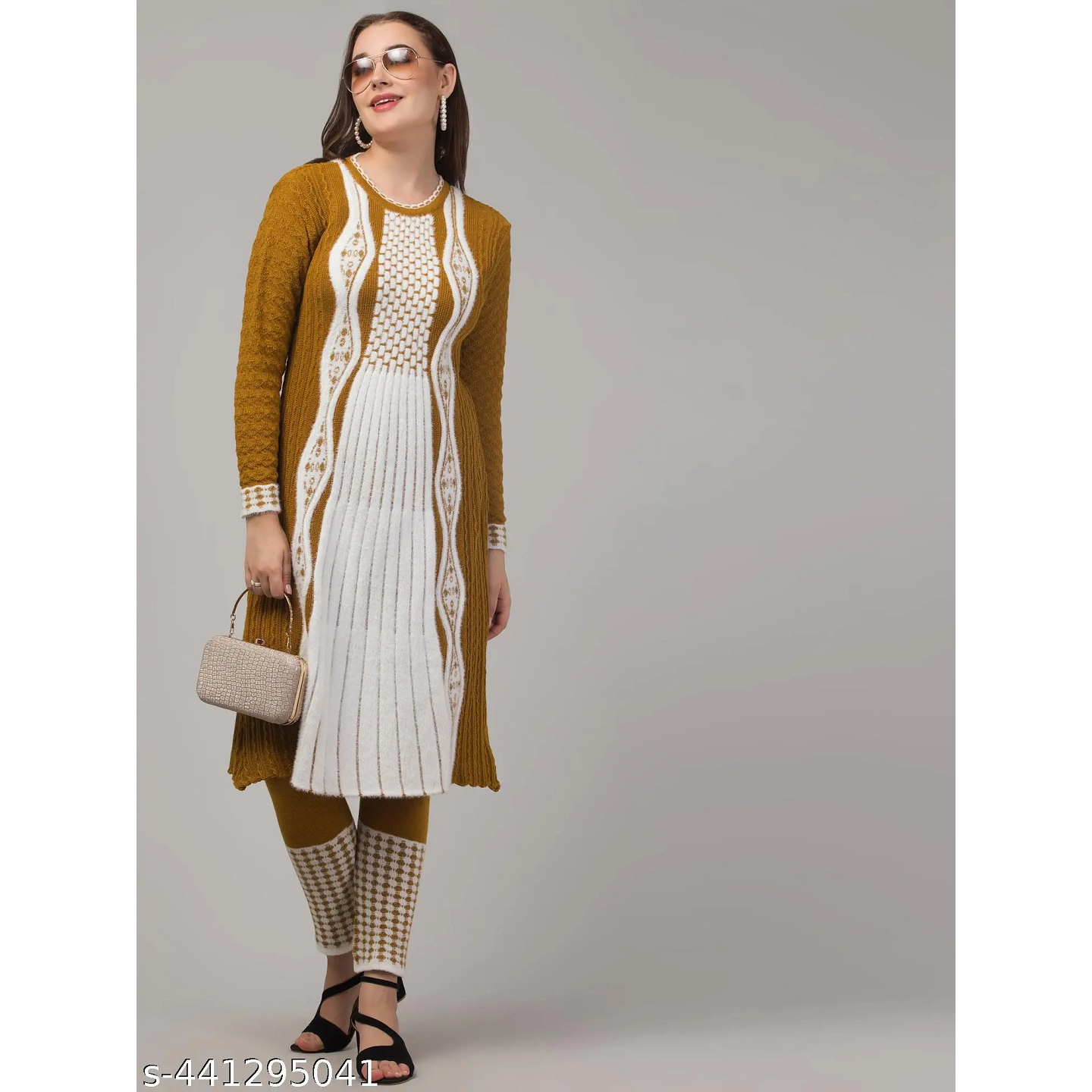 Cream Knitting Wool A-line Kurta Pant Set