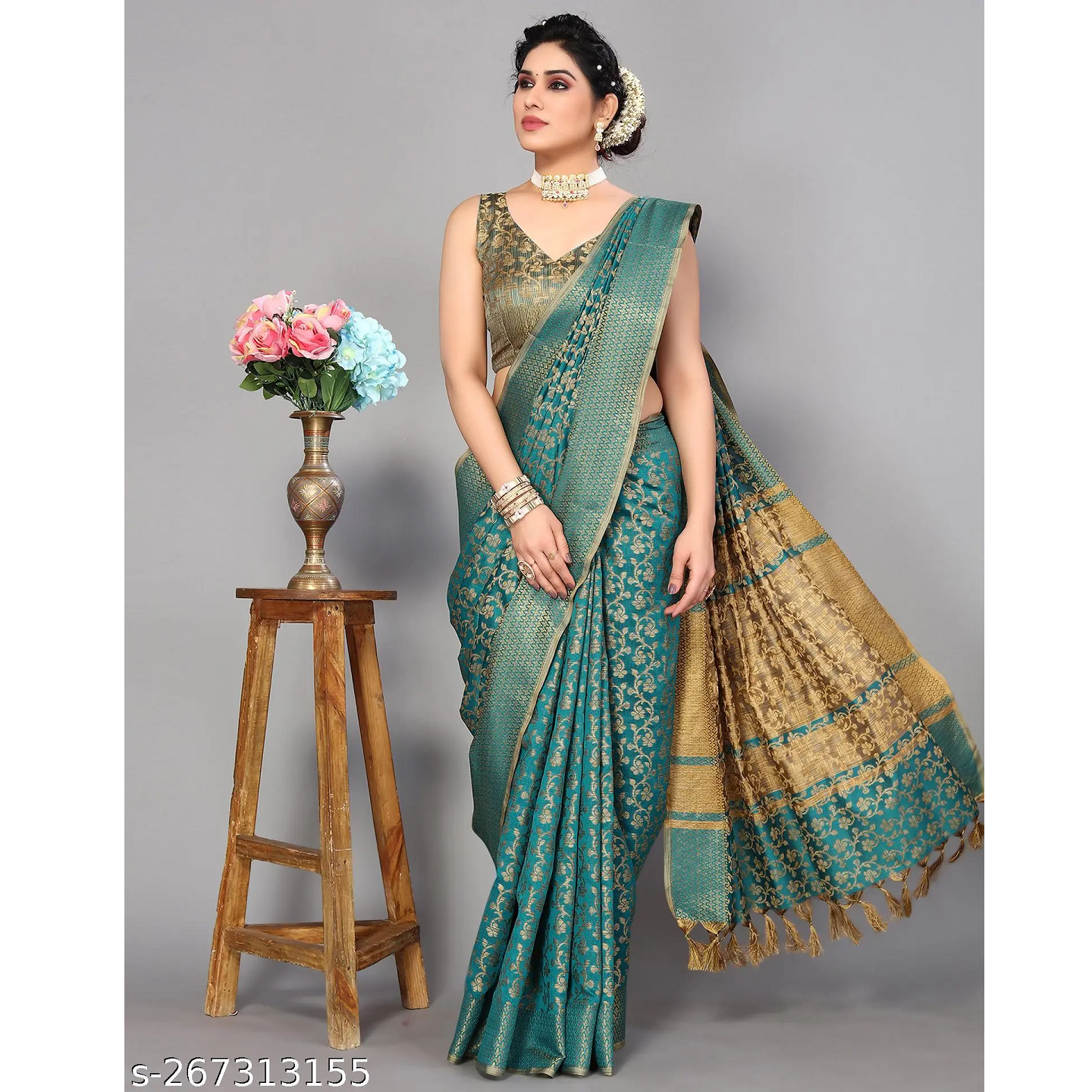 Green Woven Cotton Jacquard Saree With Blouse