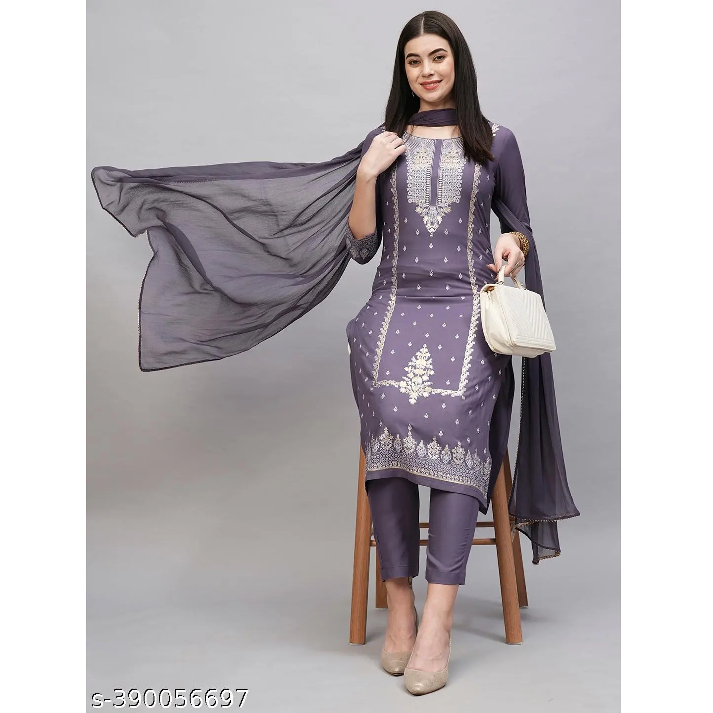 Purple Embroidered Rayon Straight Kurta Pant Dupatta Set