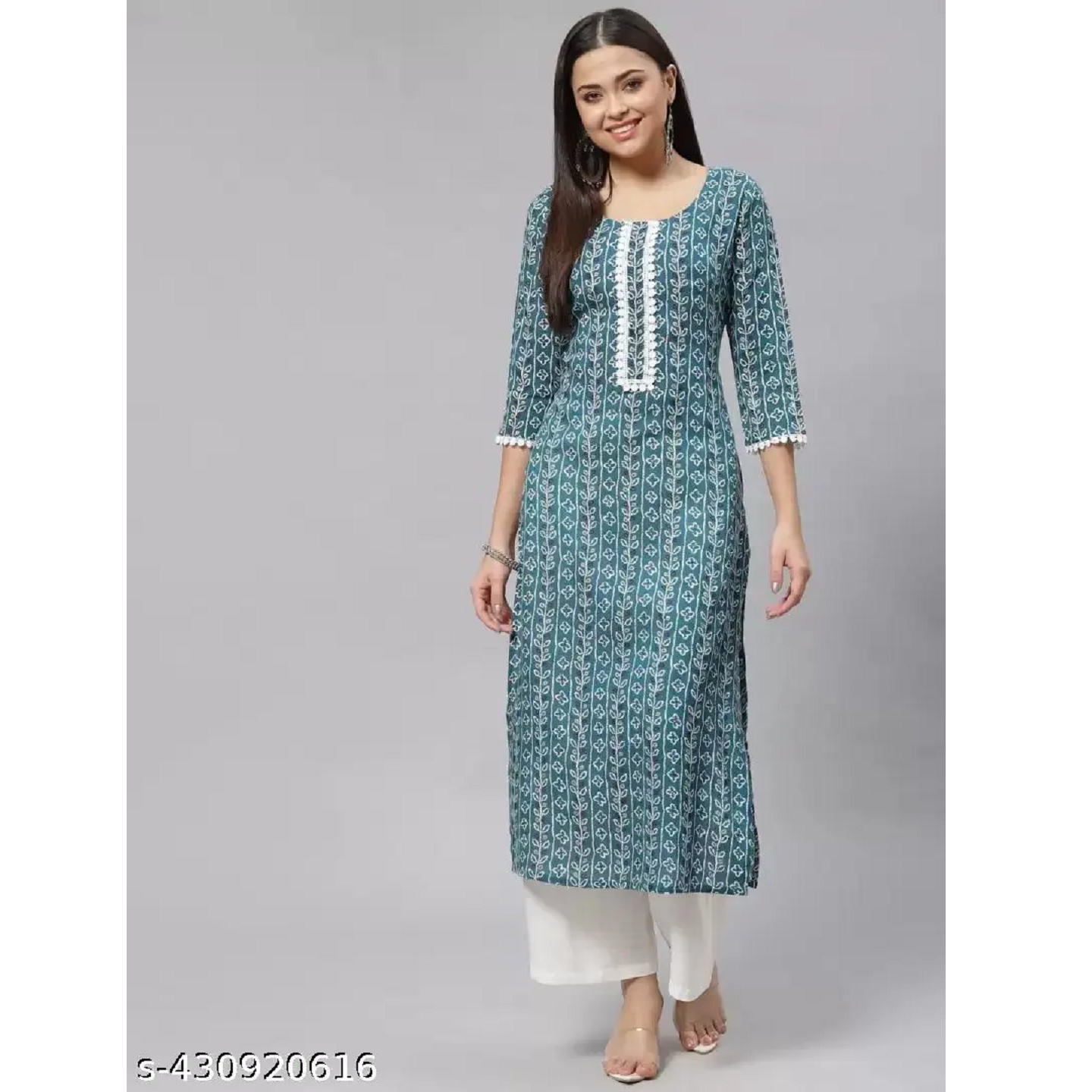 Teal Green Printed Rayon A-line Kurta With Bottomwear