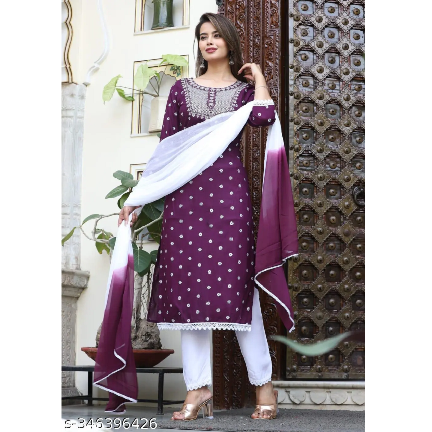 Purple Embroidered Rayon Straight Stitched Kurta Pant Dupatta Set