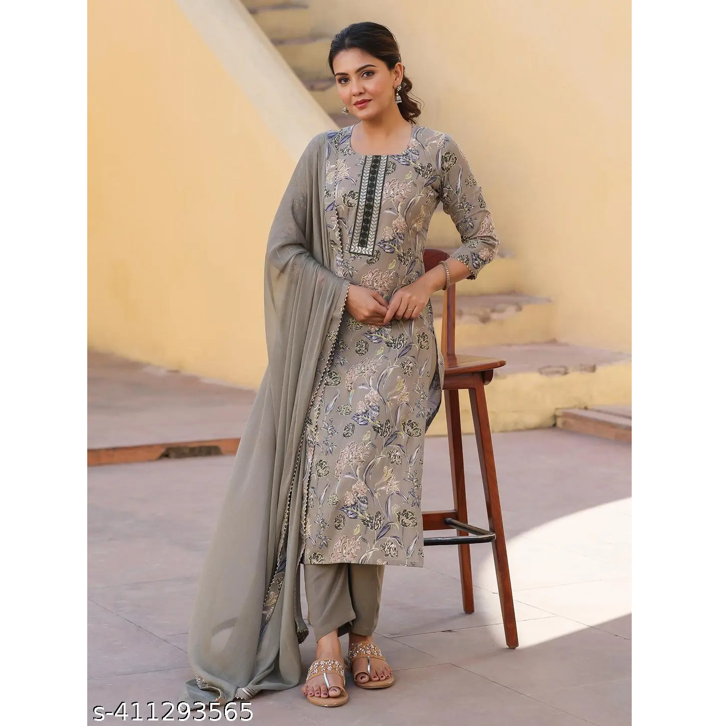 Gray Printed Cotton Blend Straight Kurta Pant Dupatta Set