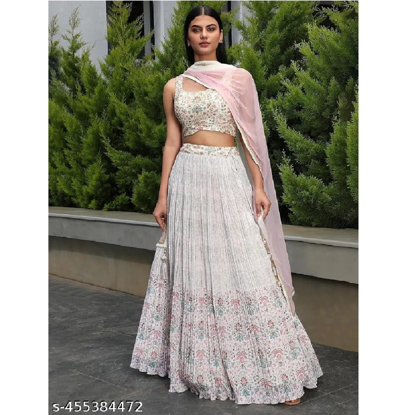 White Printed Acrylic Dola Silk lehenga choli