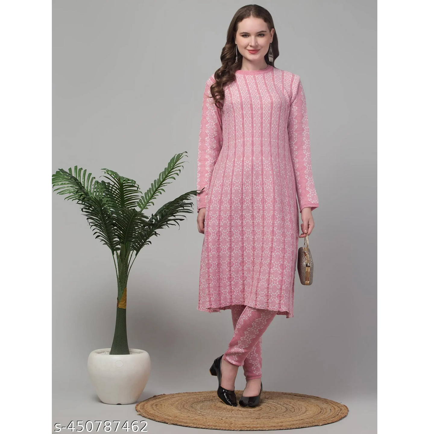 Baby Pink Knitting Woolen A-line Kurta Pant Set