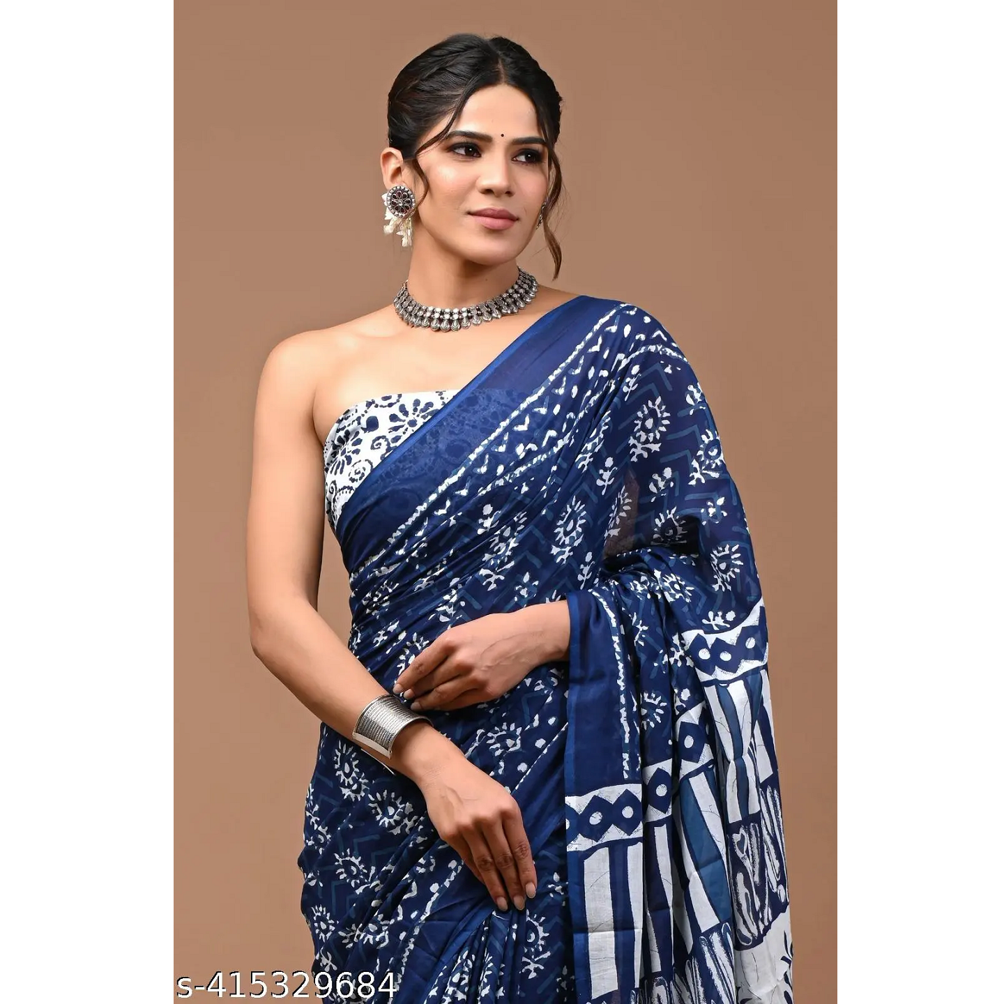 Navy Printed Cotton Indigo Saree