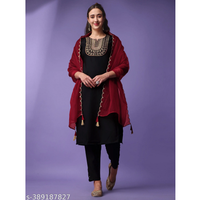 Black Embroidered Cotton Blend Straight Kurta Pant Dupatta Sets