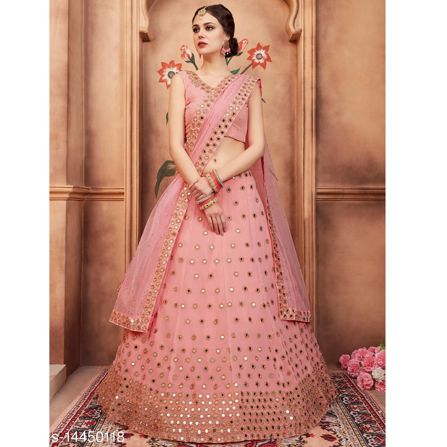 Pink Embellished Georgette Mirror Lehenga Choli