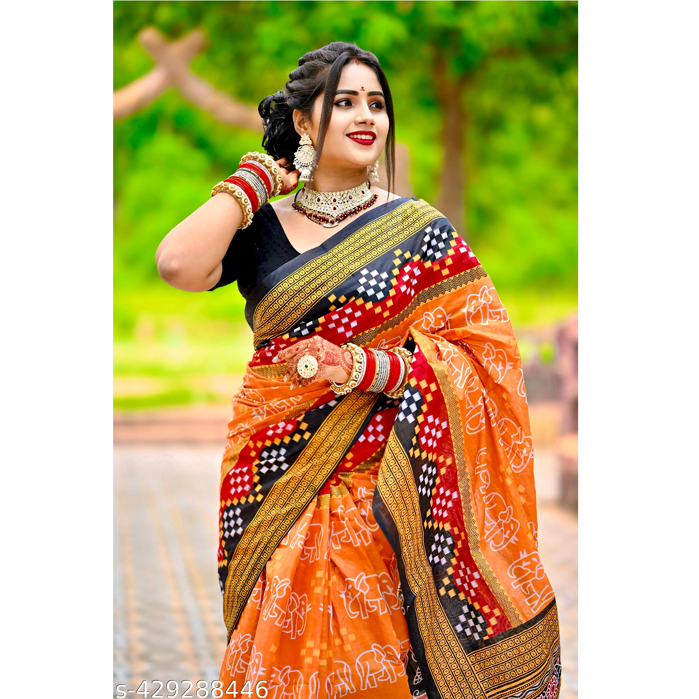 Orange Printed Cotton Sambalpuri Saree Without Blouse