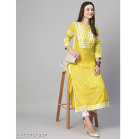 Yellow Chikankari Cotton Blend Straight Kurta Pant Set