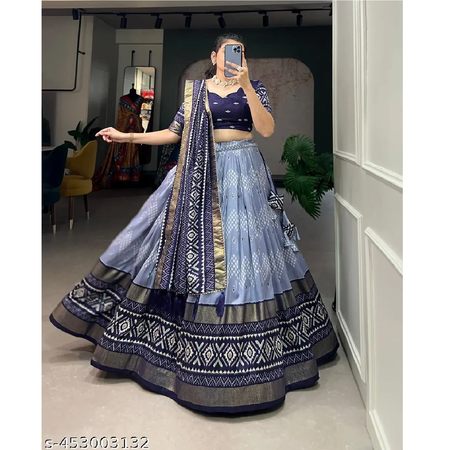 Blue Ethnic Motif Tussar Silk Dola silk lehenga choli