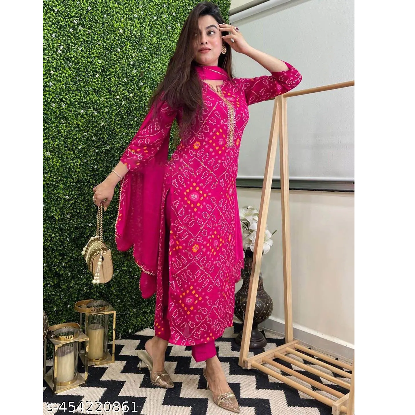 Pink Printed Rayon Bandhani Kurta Pant Dupatta Sets