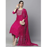 Pink Embroidered Rayon Straight Kurta Pant Dupatta Set