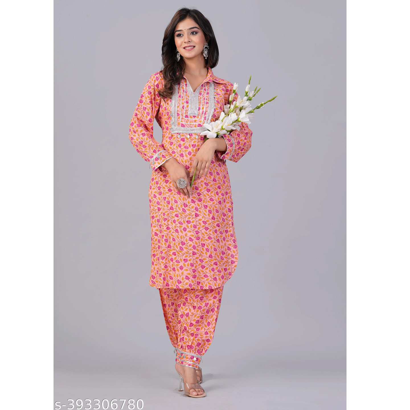 Peach Printed Rayon Straight Kurta Pant Set