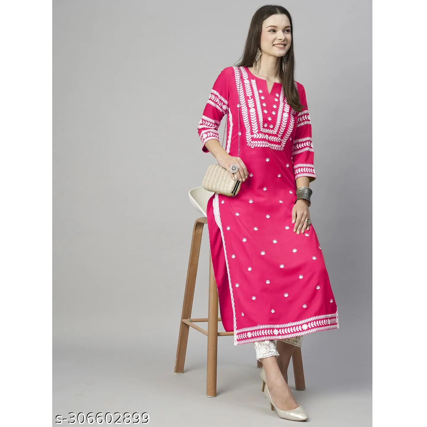 Pink Chikankari Cotton Blend Straight Kurta Pant Set