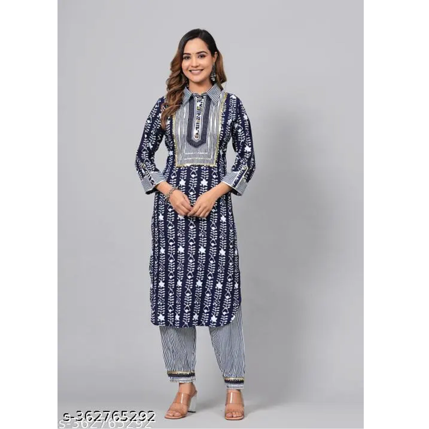 Navy Blue Printed Rayon Straight Kurta Pant Set