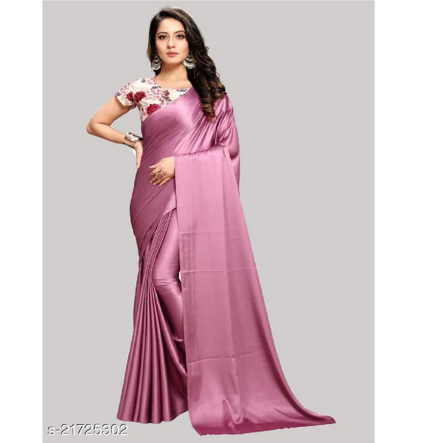 Pink Solid Satin Silk Plain Saree