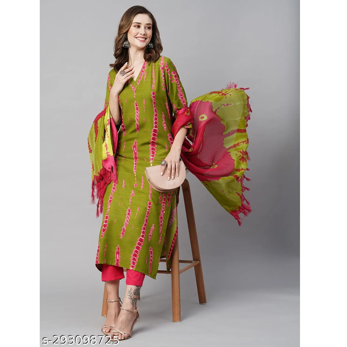 Green Printed Cotton Blend Straight Kurta Pant Dupatta Set