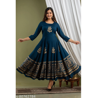 Blue Printed Rayon Anarkali Kurta Pant Set For Women