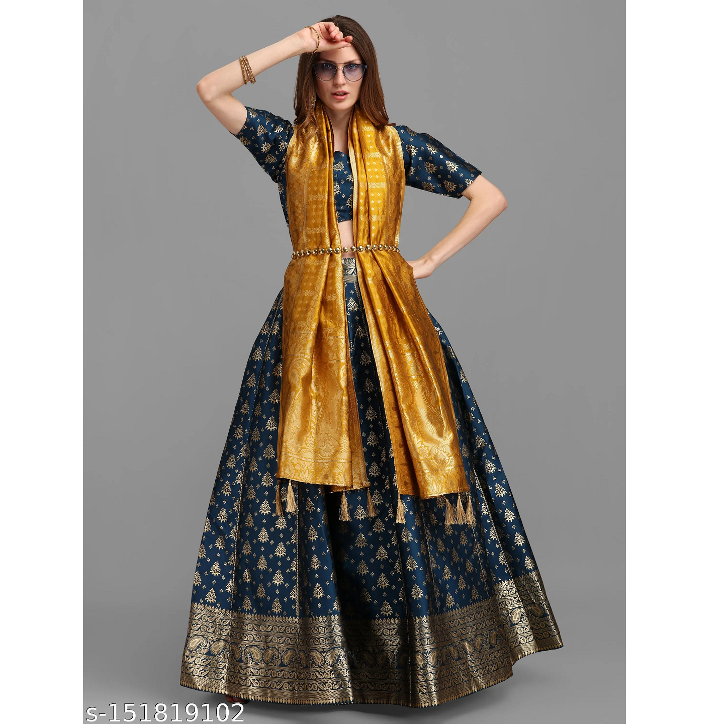 Blue Woven Jacquard Lehenga Choli