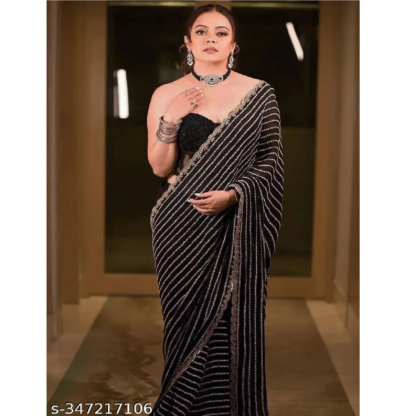 Black Embellised Georgette Indo Western Saree