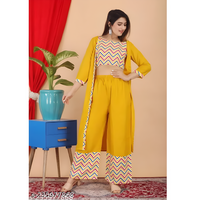 Yellow Printed Rayon Jacket Kurta Palazzos Set For Women