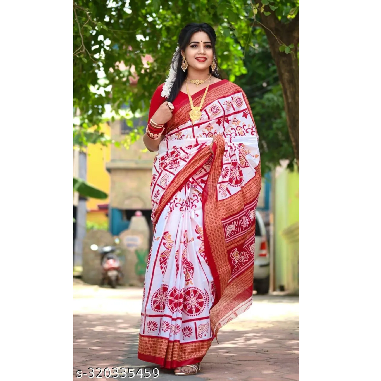 Red Printed Cotton Sambalpuri Saree Without Blouse