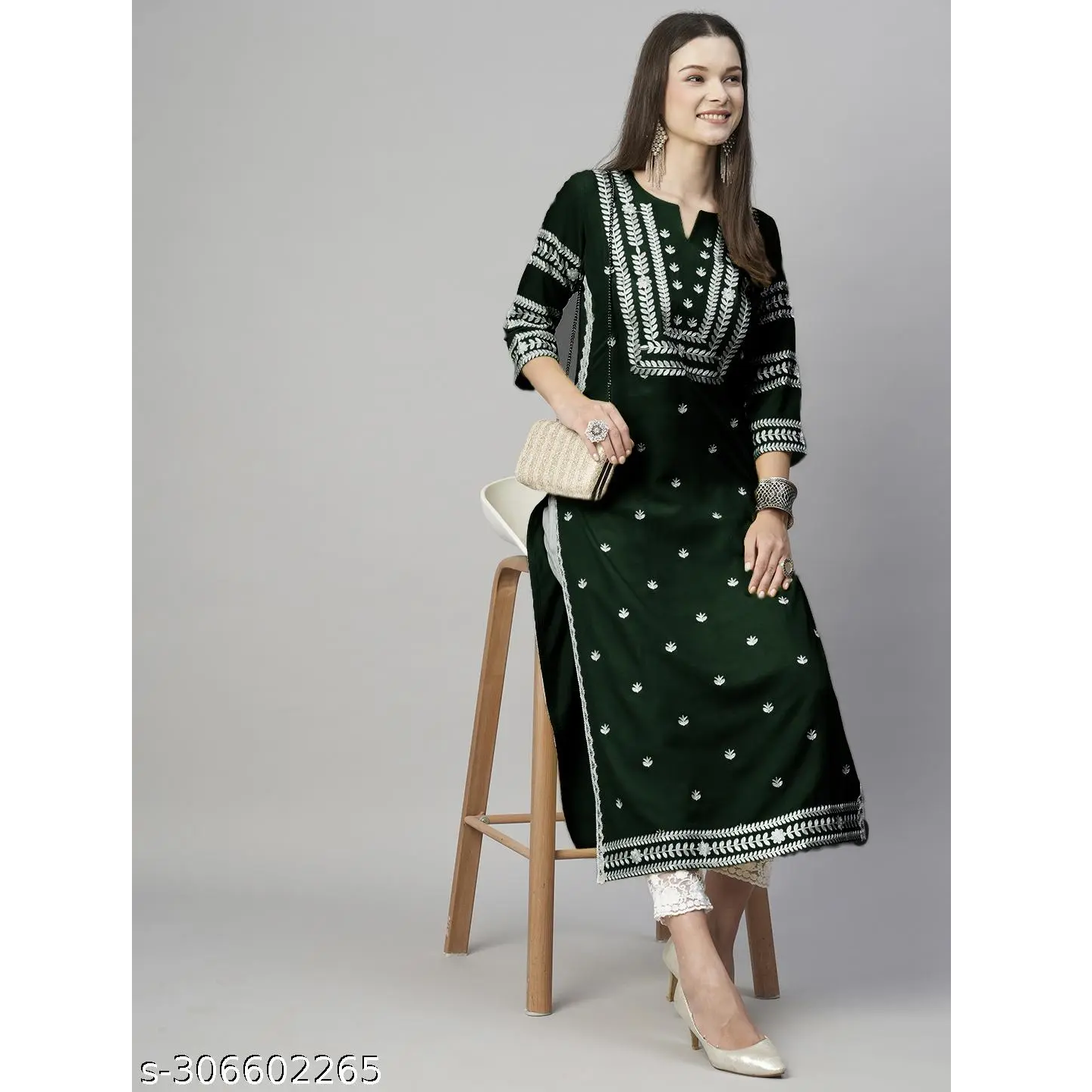 Green Chikankari Cotton Blend Straight Kurta Set For Women