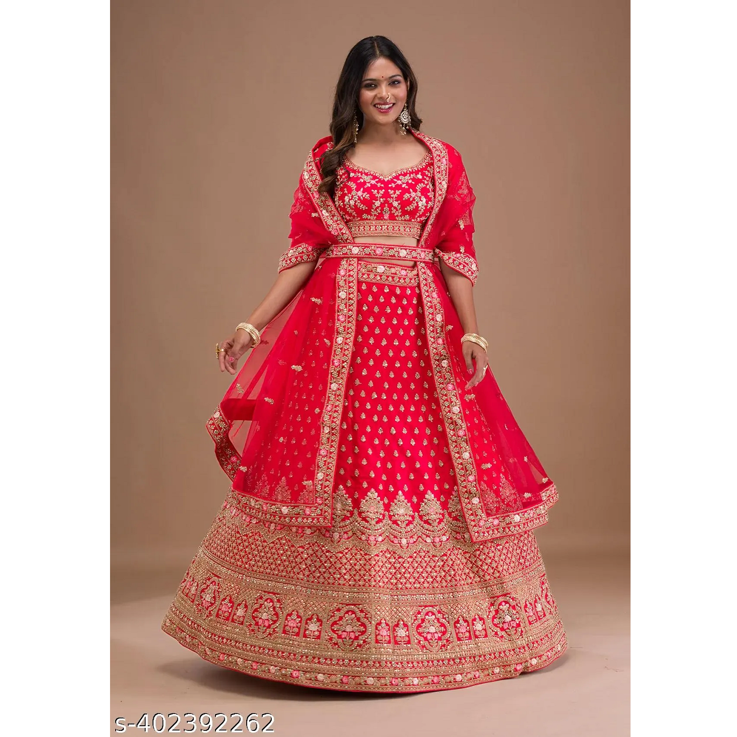 Red Embroidered Satin Heavy Work Lehenga Choli