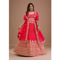 Red Embroidered Satin Heavy Work Lehenga Choli