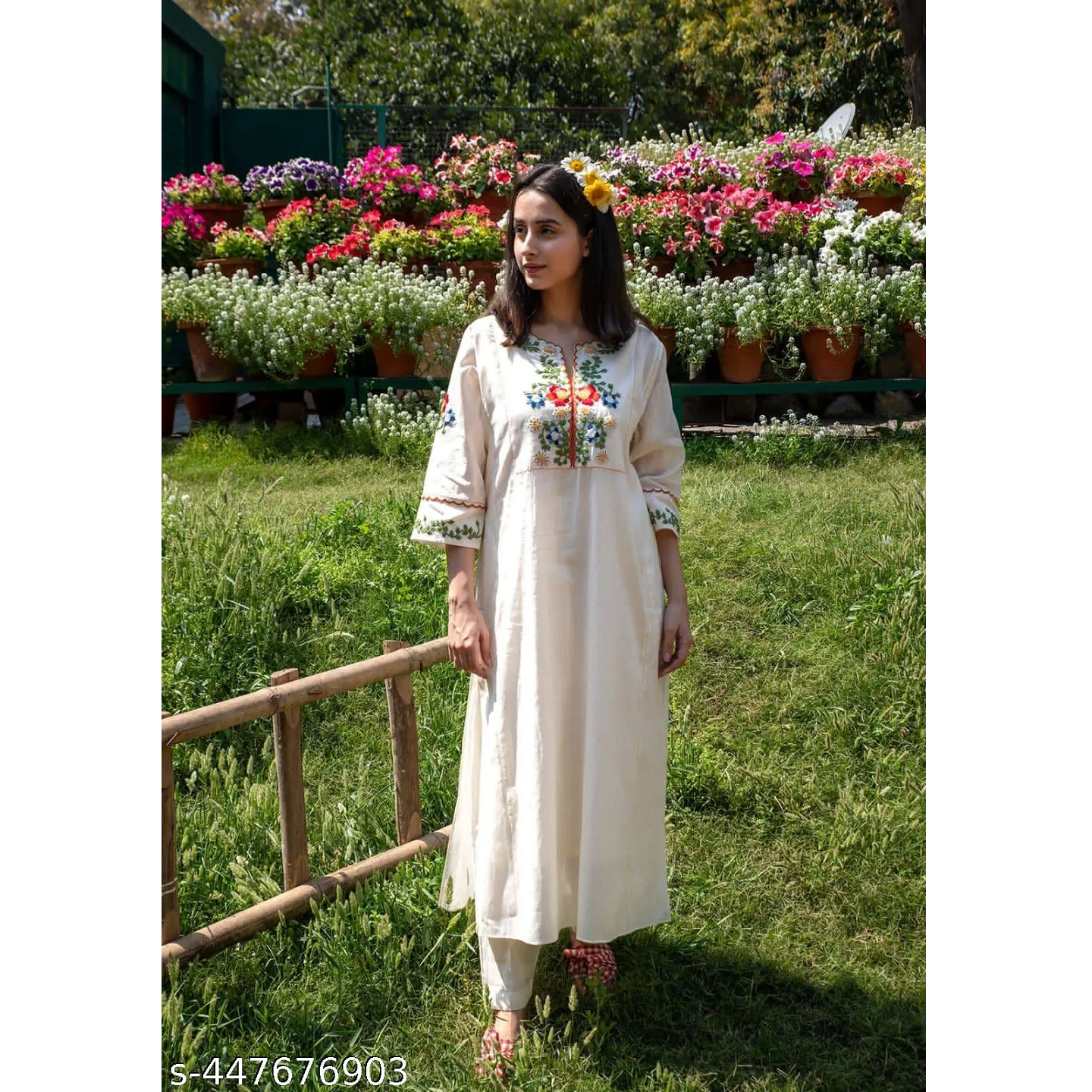 Off-White Embroidered Cotton Anarkali Kurta Pant Sets