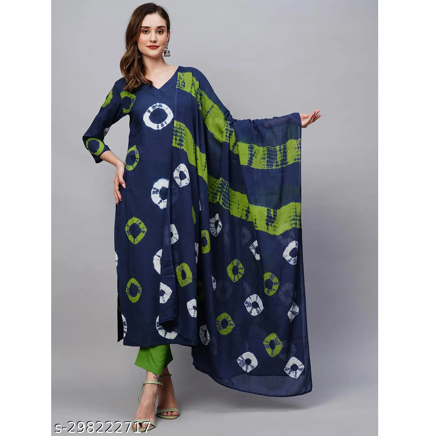 Navy Blue Printed Cotton Blend Straight Kurta Pant Dupatta Set