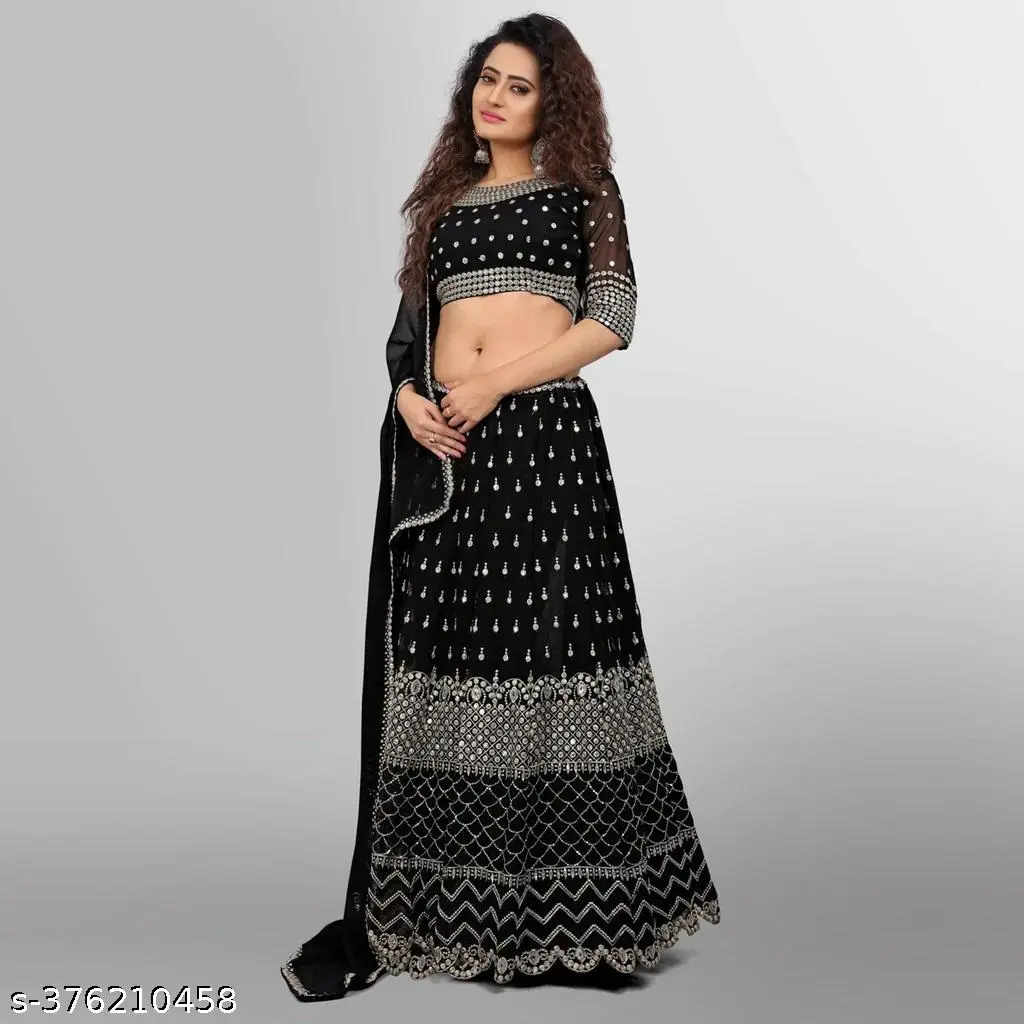 Black Embroidered Georgette Lehenga For Women