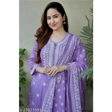 Purple Embroidered Rayon Straight Kurta Pant Duppata Sets