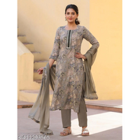 Gray Printed Cotton Blend Straight Kurta Pant Dupatta Set