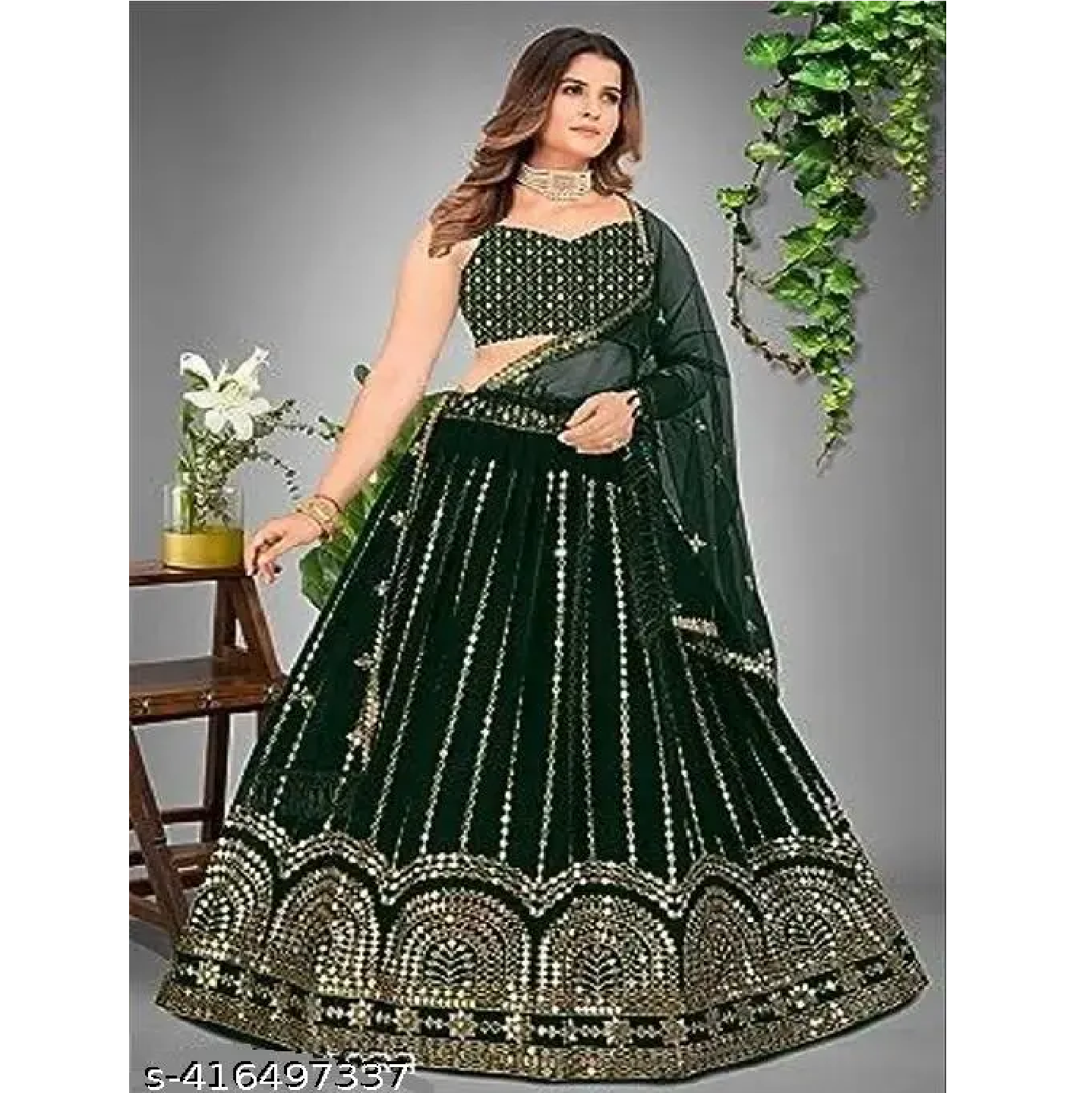 Green Emblellised Georgette Lehenga Choli with Dupatta