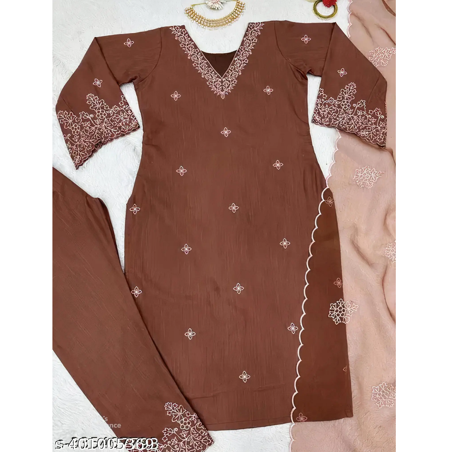 Brown Embroidered Art Silk Straight Kurta Pant Dupatta Sets