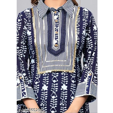 Navy Blue Printed Rayon Straight Kurta Pant Set