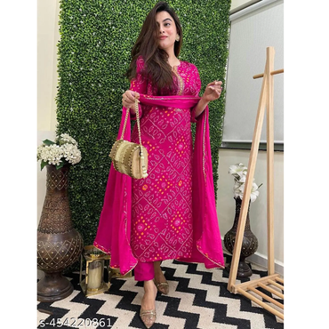 Pink Printed Rayon Bandhani Kurta Pant Dupatta Sets