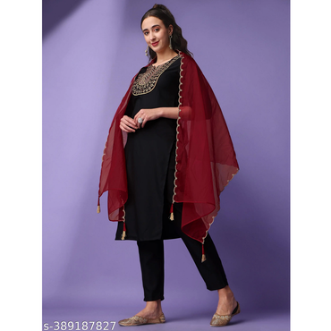 Black Embroidered Cotton Blend Straight Kurta Pant Dupatta Sets