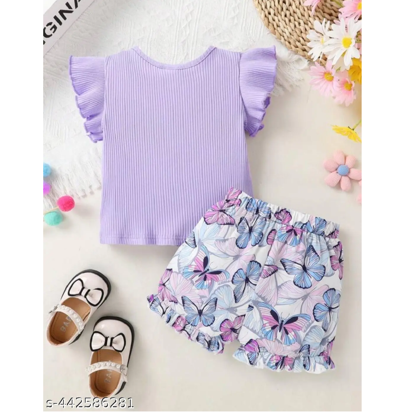 Purple Printed  Cotton Top and Skirt Set