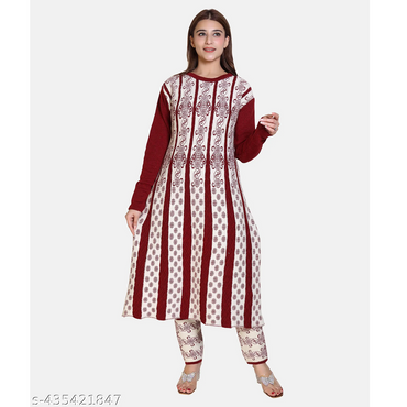 White Maroon Knitting Wool A-line Kurta Pant Set