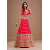 Red Embroidered Satin Heavy Work Lehenga Choli