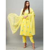 Yellow Embroidered Cotton Blend Straight Kurta Pant Dupatta Set