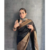 Black Solid Banarasi Silk Saree With Blouse