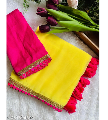 Yellow Solid Georgette Red Lace Saree