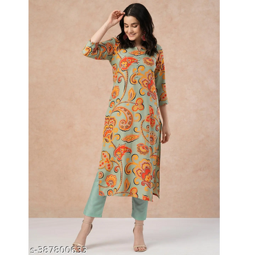 Women's Pista Cotton Blend Printed Kurta with Trouser