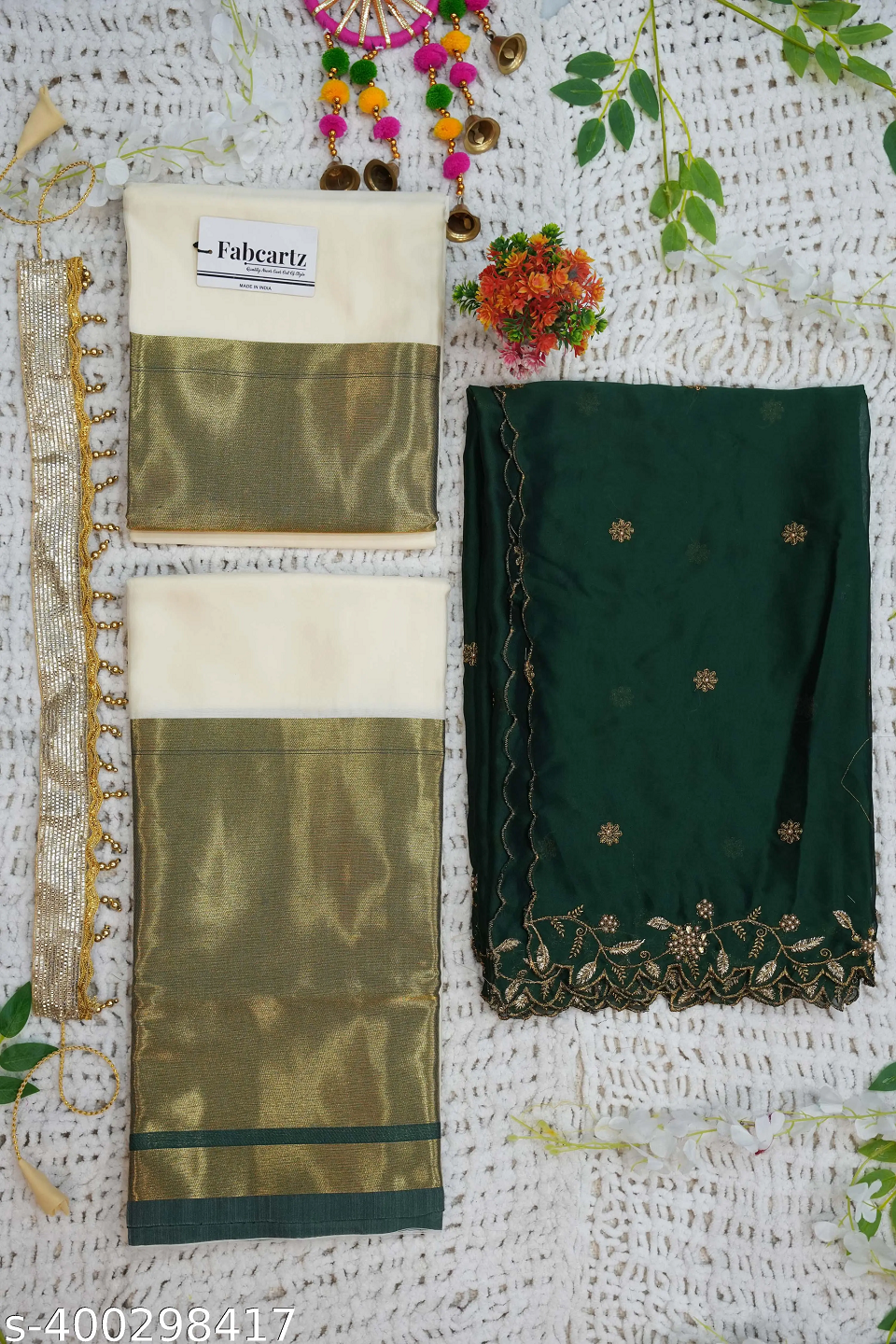 Green Embroidered Art Slik Lehenga Saree