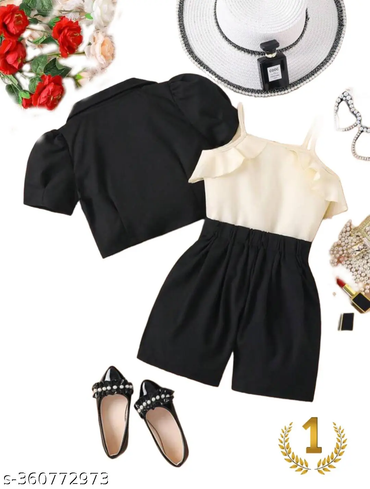 White & Black Colorblocked Cotton Blend Girls Dresses